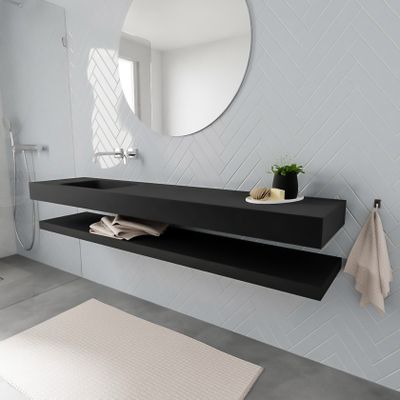 Mondiaz Alan badmeubel 200 cm solid suface planchet urban vrijhangend wastafel links zonder kraangat zwart