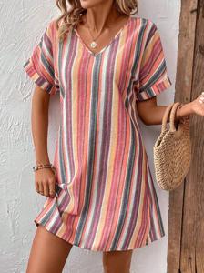 Striped Crew Neck Casual Dress With No