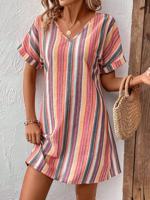 Striped Crew Neck Casual Dress With No