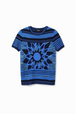 Gebreid T-shirt met bloem - BLUE - S