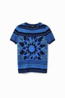 Gebreid T-shirt met bloem - BLUE - S
