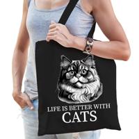 Cadeau tas voor kattenliefhebbers - zwart - Perzische Kat kat/poes - katoen - 42 x 38 cm Cadeau tas voor kattenliefhebbers - zwart - Perzische Kat kat/poes - katoen - 42 x 38 cm