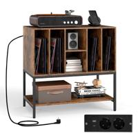 Plattenspielerstandaard met Oplaadstation & Vinylopslag Bijzetkast Vinyldisplay Rek Koffie