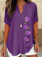 Women's Short Sleeve Shirt Summer Purple Floral Embroidery Cotton Notched Daily Casual Top