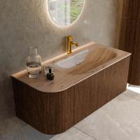 Badmeubel Mondiaz Kurve-Dlux | 105 cm | Meubelkleur Walnut | Wastafelkleur Arena | Solid surface | Wasbak rechter zijde spoelbak | 1 kraangat