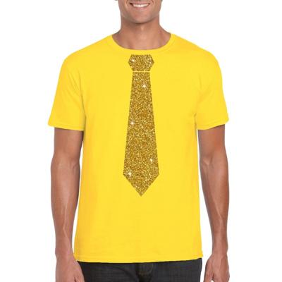 Geel fun verkleedkleding t-shirt - met stropdas - in glitter goud - heren - korte mouwen