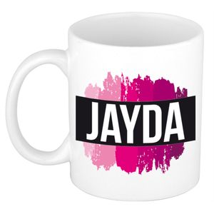 Naam cadeau mok / beker Jayda  met roze verfstrepen 300 ml   -