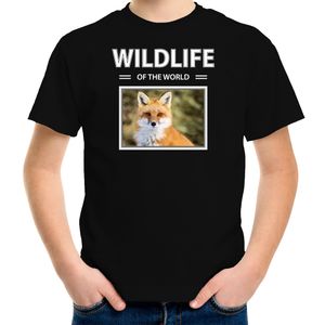 Vos t-shirt met dieren foto wildlife of the world zwart voor kinderen