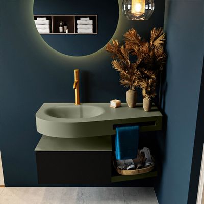 MONDIAZ RIVA 100cm badmeubel onderkast / planchet kleur Urban met 1 lade. Wastafel DULCET links 1 kraangat kleur Army.