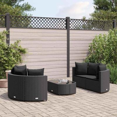 5-delige Loungeset met kussens poly rattan zwart