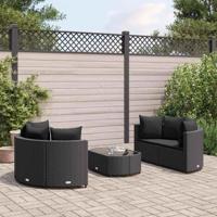 5-delige Loungeset met kussens poly rattan zwart