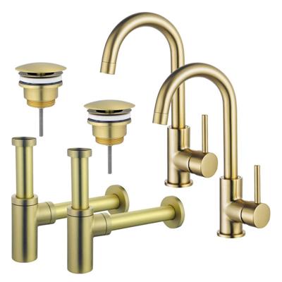 Fortifura Calvi Wastafelkraanset - voor dubbele wastafel - hoge wastafelkraan - draaibare uitloop - always open plug - design sifon - Geborsteld Messing PVD (Goud) 2x SW809349/2x SW696208/2x SW696213