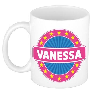 Vanessa voornaam koffiemok - beker - wit/roze - 300 ml - Cadeau - Dames - Collega - Moederdag