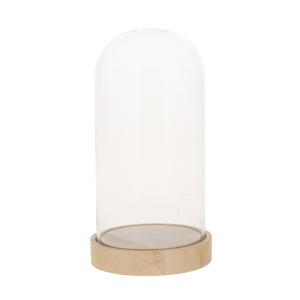 Glazen decoratie stolp op houten plateau - D10 x H20 cm - Home Deco stolpen - Woonaccessoires