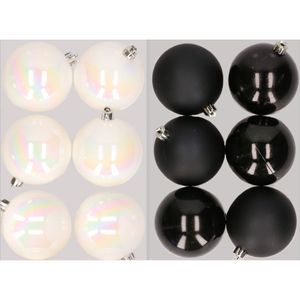 12x stuks kunststof kerstballen mix van parelmoer wit en zwart 8 cm   -