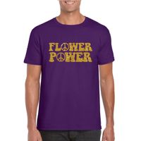 Paars Flower Power t-shirt peace tekens met gouden letters heren - thumbnail