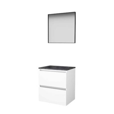 Basic-Line Framed 46 Badkamermeubelset - 60 x 46 cm - Greeploos - 2 Lades - Hardstenen Wastafel - Zonder Kraangat - Spiegel met Zwart Aluminium Frame - Ice White