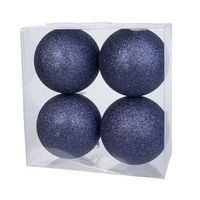 4x Donkerblauwe glitter kerstballen 10 cm kunststof - thumbnail