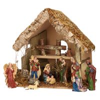 Complete kerststal met kerststal beelden - 30 x 18 x 26 cm - hout/mos/polyresin - thumbnail