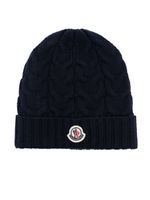 Moncler Enfant bonnet en maille torsadée à logo appliqué - Bleu - thumbnail