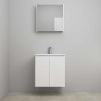 On-Line Badkamermeubelset - 60 cm - Bouwpakket - Greeploos 2 Deuren - Porseleinen Wastafel - 1 Kraangat - Spiegelkast - Mat Wit