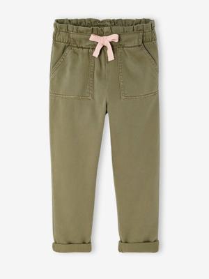 Soepele meisjesbroek in 'paperbag'-stijl kaki