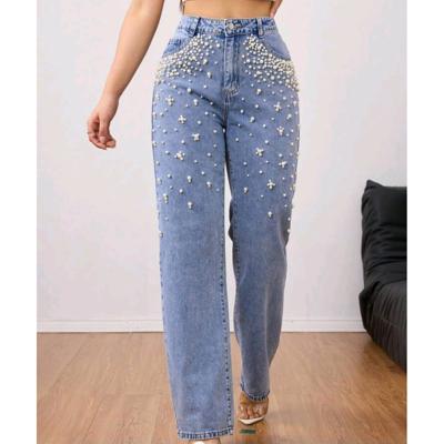 Bon&Bon Women's Distressed Pearl Decor Straight Leg Jeans | Blue Denim 36 (S)