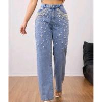 Bon&Bon Women's Distressed Pearl Decor Straight Leg Jeans | Blue Denim 36 (S)