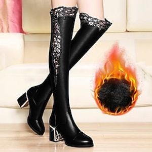 Dames Laarzen Biker laarzen Hak Laarzen Buiten Dagelijks Effen Kleur Met fleece gevoerd Over de knie laarzen Dij hoge laarzen Winter Kant Blok hiel Blokhak Ronde Teen Elegant Vintage Pluche Lightinthebox