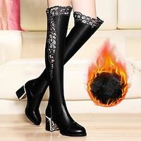 Dames Laarzen Biker laarzen Hak Laarzen Buiten Dagelijks Effen Kleur Met fleece gevoerd Over de knie laarzen Winter Kant Blok hiel Blokhak Ronde Teen Elegant Vintage Pluche Imitatieleer Rits Zwart Lightinthebox