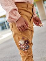 Slim-fit broek met hoge taille en geborduurde bloemen voor meisjes karamel