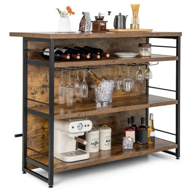 4-Level Bartafel met 3 Open Planken Wijnrek en Wijnglashouder Voetsteun voor Bar Keuken Woonkamer Rustiek Bruin