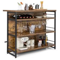 4-Level Bartafel met 3 Open Planken Wijnrek en Wijnglashouder Voetsteun voor Bar Keuken Woonkamer Rustiek Bruin