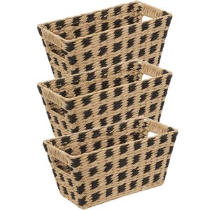 Rieten opbergmand - 3x - gevlochten rechthoek - beige/zwart - 31 x 15 x 15 cm