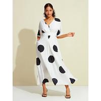 Dames Zoom Maxi Satijn Maxi Maxi-jurk Wit Halve mouw Stip Gordijn Houder Verborgen zak in de tailleband Zomer Lente Herfst V-hals Casual / Dagelijks S M L