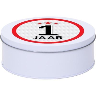Leeftijd Snoeptrommel - koektrommel Cadeau - wit - rond blik - met 1 jaar sticker