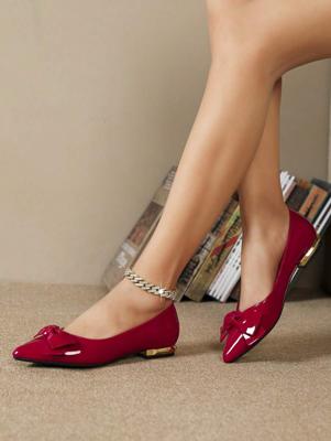 Women's Red Point Toe Flats - Bow Decor PU Leather Office Shoes Red / CN35
