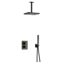 Hotbath Gal - Inbouw Regendoucheset - Geborsteld Gunmetal PVD - Thermostatisch - Plafondbuis 15 cm - Hoofddouche 220 mm - Staafhanddouche - met 2-Weg Stop-Omstel