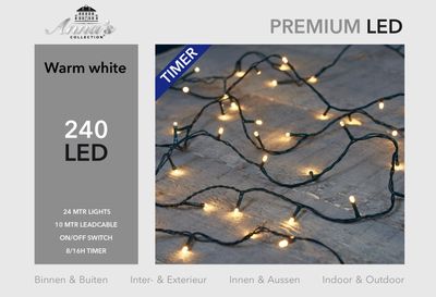 Led outdoor 240l/24m led warm wit - 10m aanloopsnoer zwart - bi-bui - aan/uit/8/16u timer/ip44 trafo Anna's collection - Annas collection
