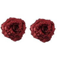 2x Kerstversieringen glitter roos rood op clip 18 cm   -