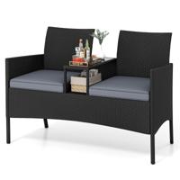 2-Zits Tuinmeubelset met Geïntegreerde Tafel Rotan Terrasbank met Gehard Glazen Blad en Zachte Kussens 62 x 124 x 84 cm