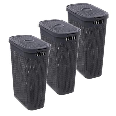 Smalle Wasmand met deksel Rotan - 3x - donkergrijs - gevlochten kunststof - 40 liter - 26 x 46 x 60
