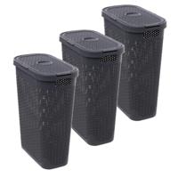 Smalle Wasmand met deksel Rotan - 3x - donkergrijs - gevlochten kunststof - 40 liter - 26 x 46 x 60 Smalle Wasmand met deksel Rotan - 3x - donkergrijs - gevlochten kunststof - 40 liter - 26 x 46 x 60