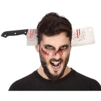 Halloween/horror verkleed hoofdband - dikke pech - hakmes door je hoofd - kunststof   - - thumbnail