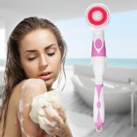 Multifunctionele elektrische waterdichte Bad reinigingsborstel Long-behandeld massage borstel met 4 borstelkoppen (roze)