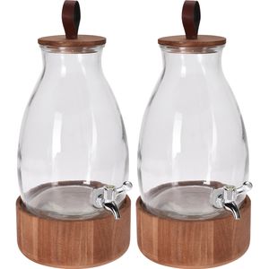 2x Glazen drank dispensers 5,5 liter met houten standaard/voet