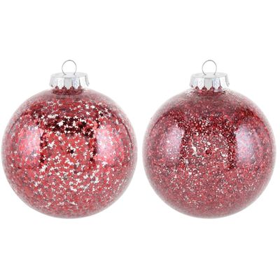 2x Rode sterren/glitter kerstballen 10 cm kunststof