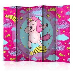 Vouwscherm - Dansend Eenhoorn, roze, gemonteerd geleverd, dubbelzijdig geprint (kamerscherm) 225x172 cm