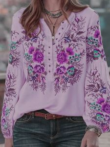 Casual Floral V Neck Long Sleeve Blouse