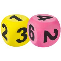 Dobbelsteen XXL - 2x stuks - geel en roze - 10 cm - EVA schuim - educatief